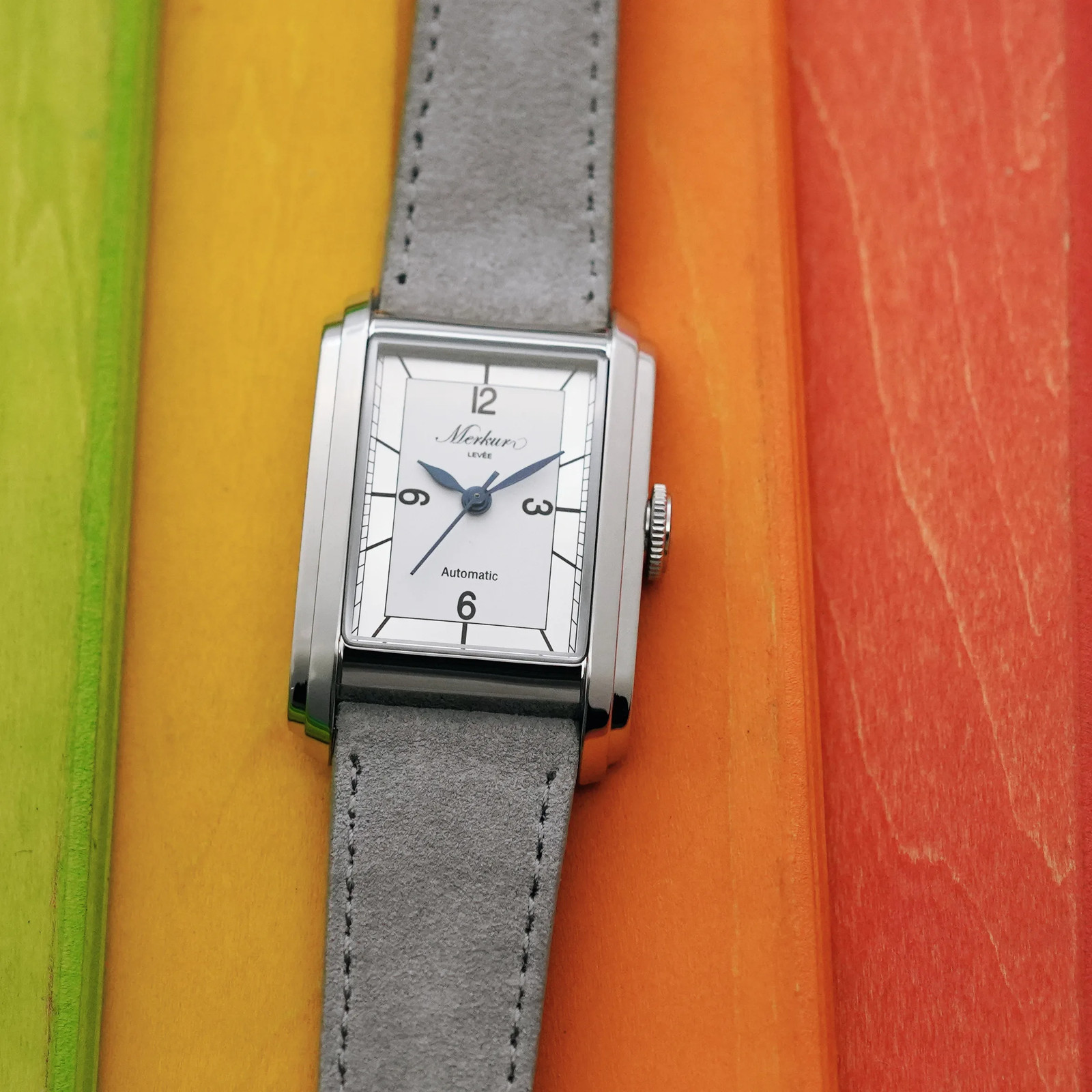 MERKUR NH05 Automatic Watch Men Rectangle Sapphire Crystal Leather Strap 30m