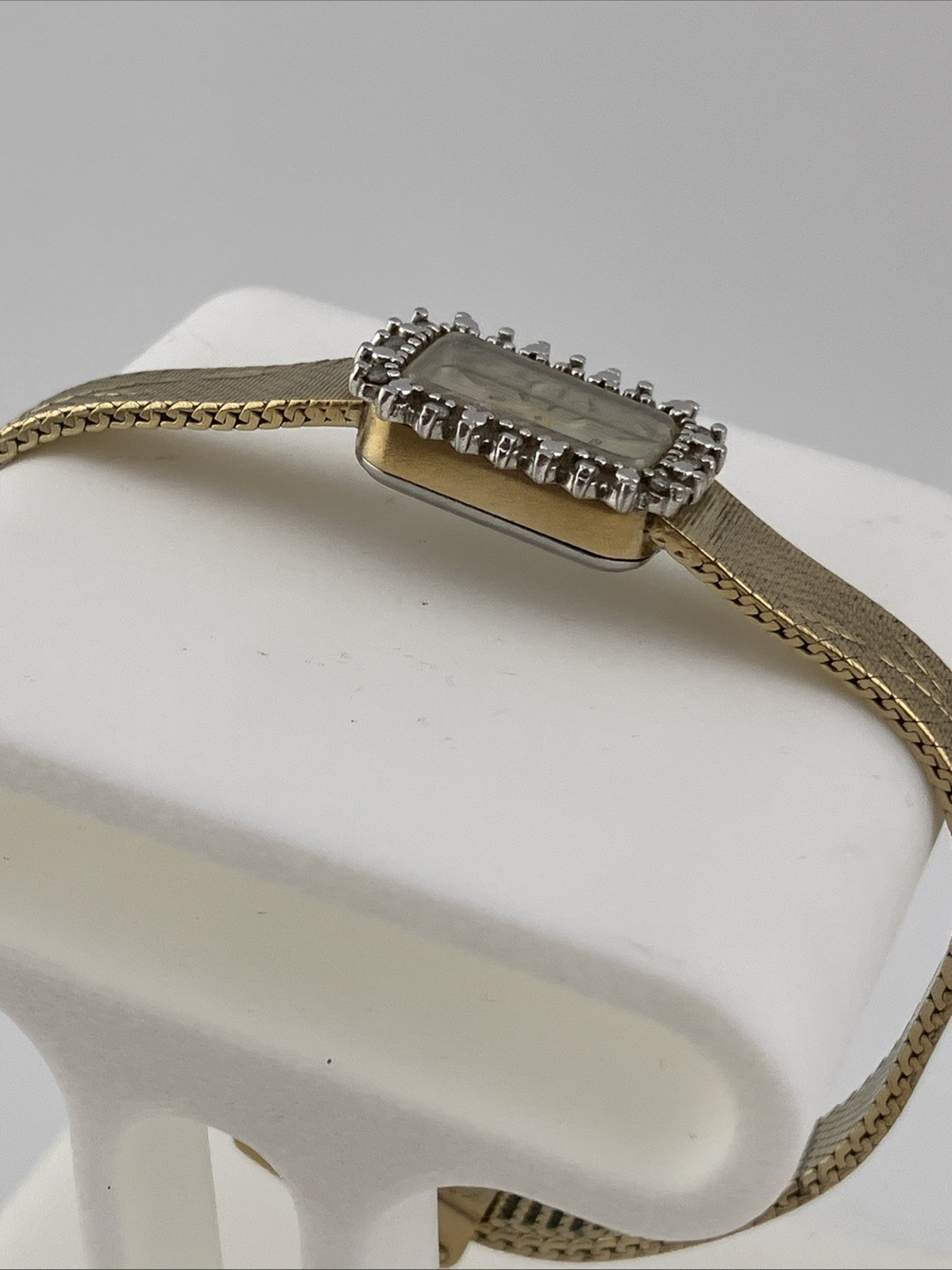 Vtg Deauville Ladies 13mm Watch Gold Tone Tank Diamond Bezel Adjustable -RUNS