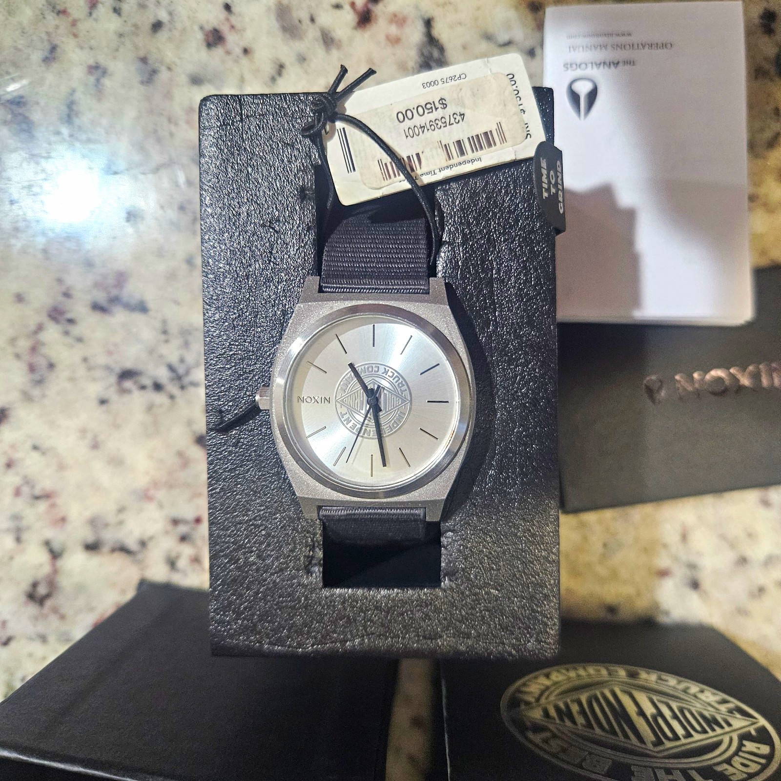 Nixon Independent Time Teller Quartz Analog Silver Dial SS Case Gray Nylon Strap