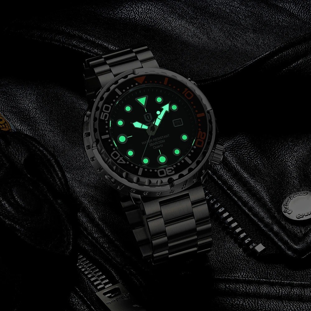 44MM QINGXIYA Tuna Quartz Mens Watch Stainless Steel 30M Waterproof Luminous NEW