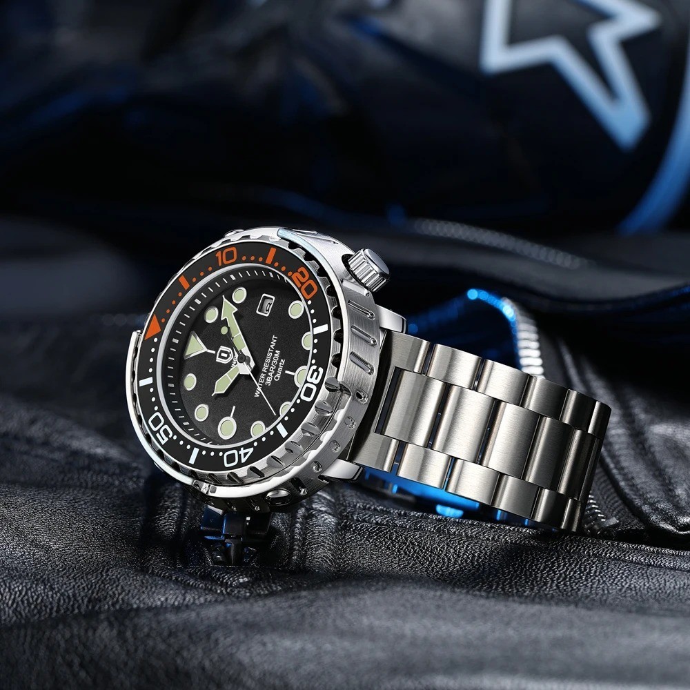 44MM QINGXIYA Tuna Quartz Mens Watch Stainless Steel 30M Waterproof Luminous NEW