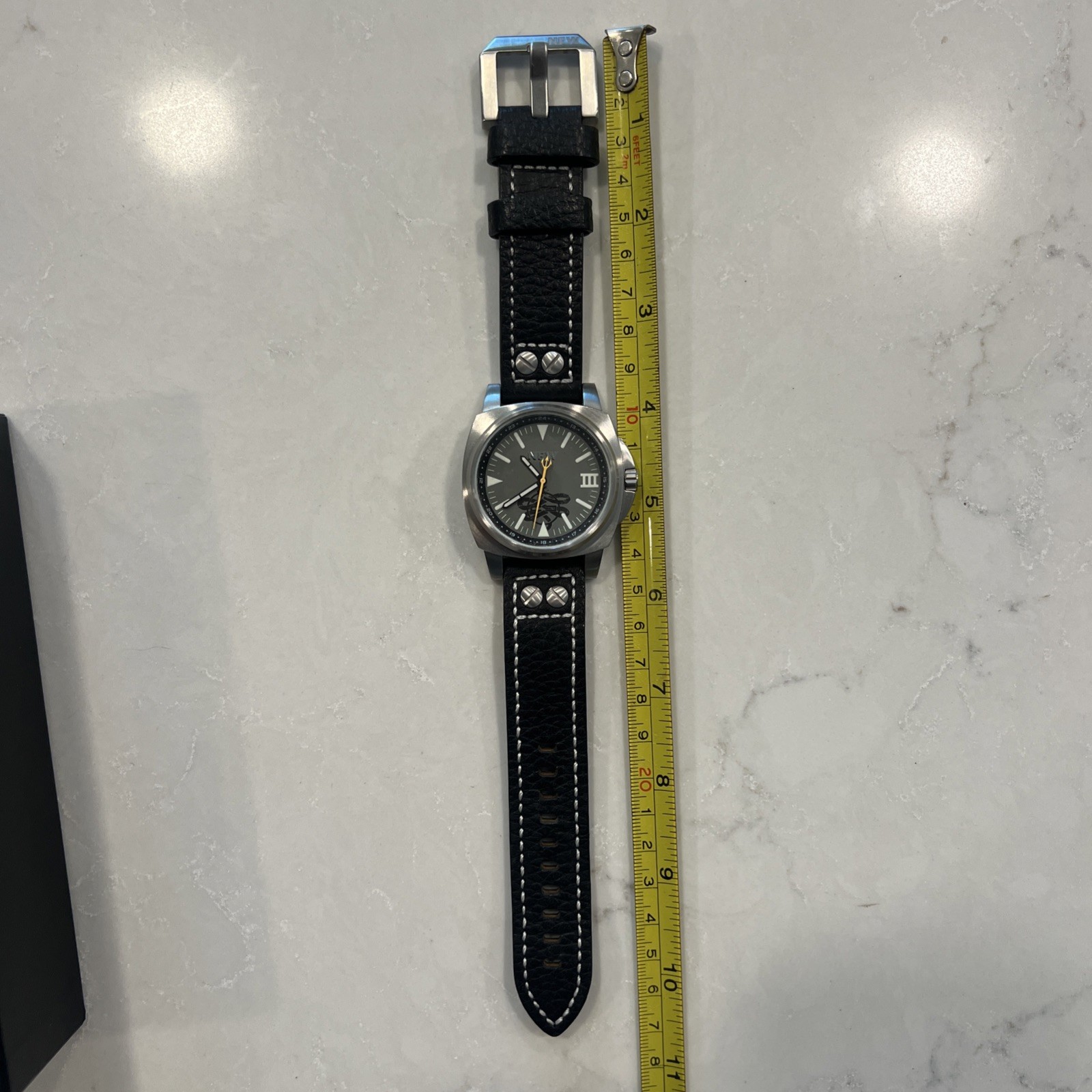 NFW Mens Watch 46mm Silver Tone Gray Dial Snake Logo Black Leather Band