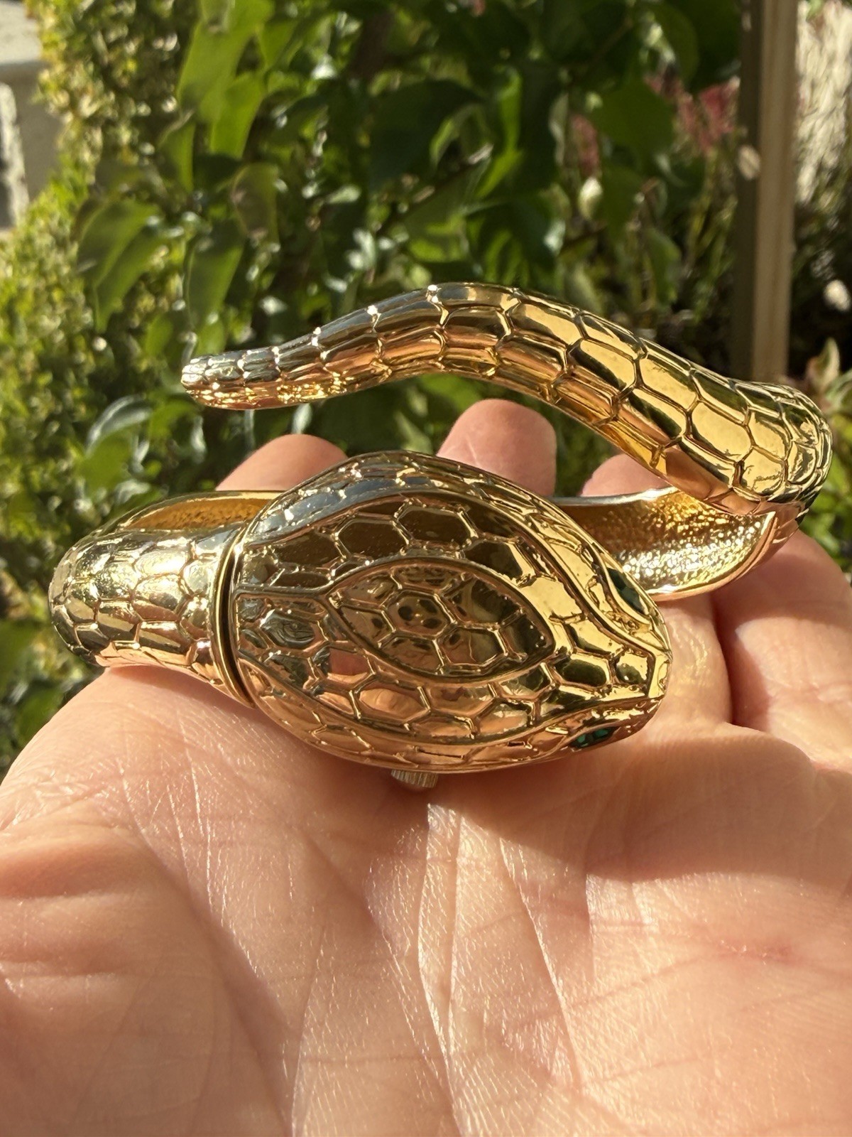 Fabulous Snake Quartz Watch Hinged Bangle Bracelet Goldtone Emerald Eyes Runs!