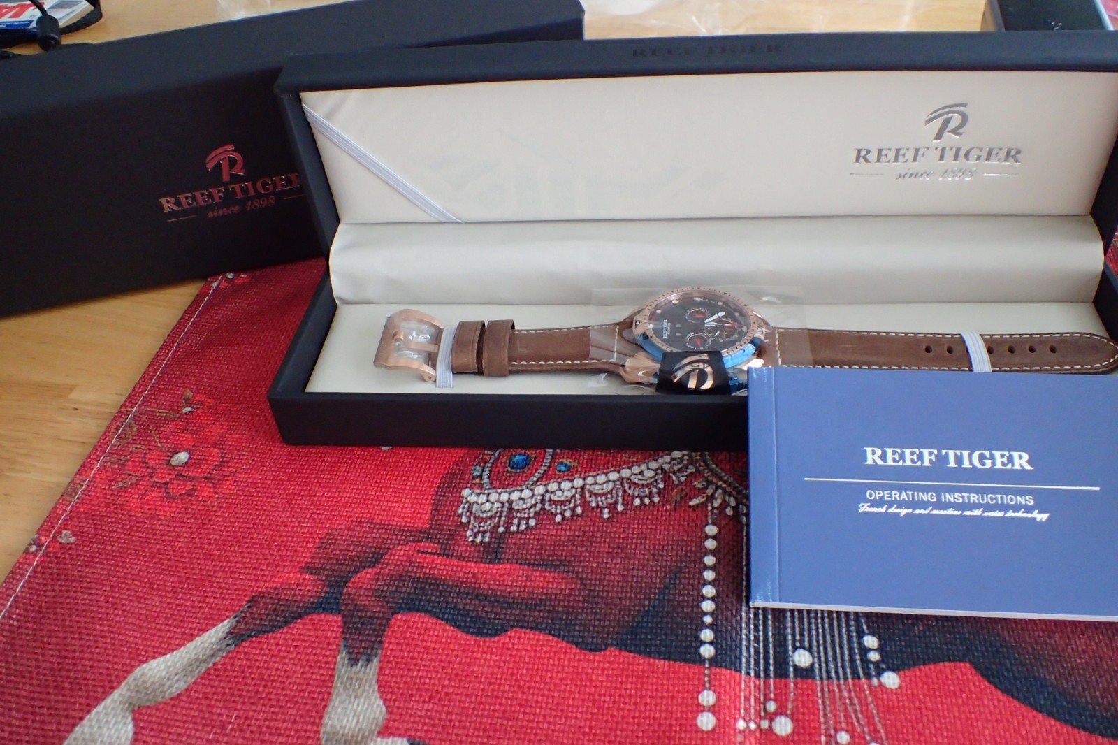 Reef Tiger Aurora Automatic Sport Rose Golden blue Men’s Watch Calfskin Strap