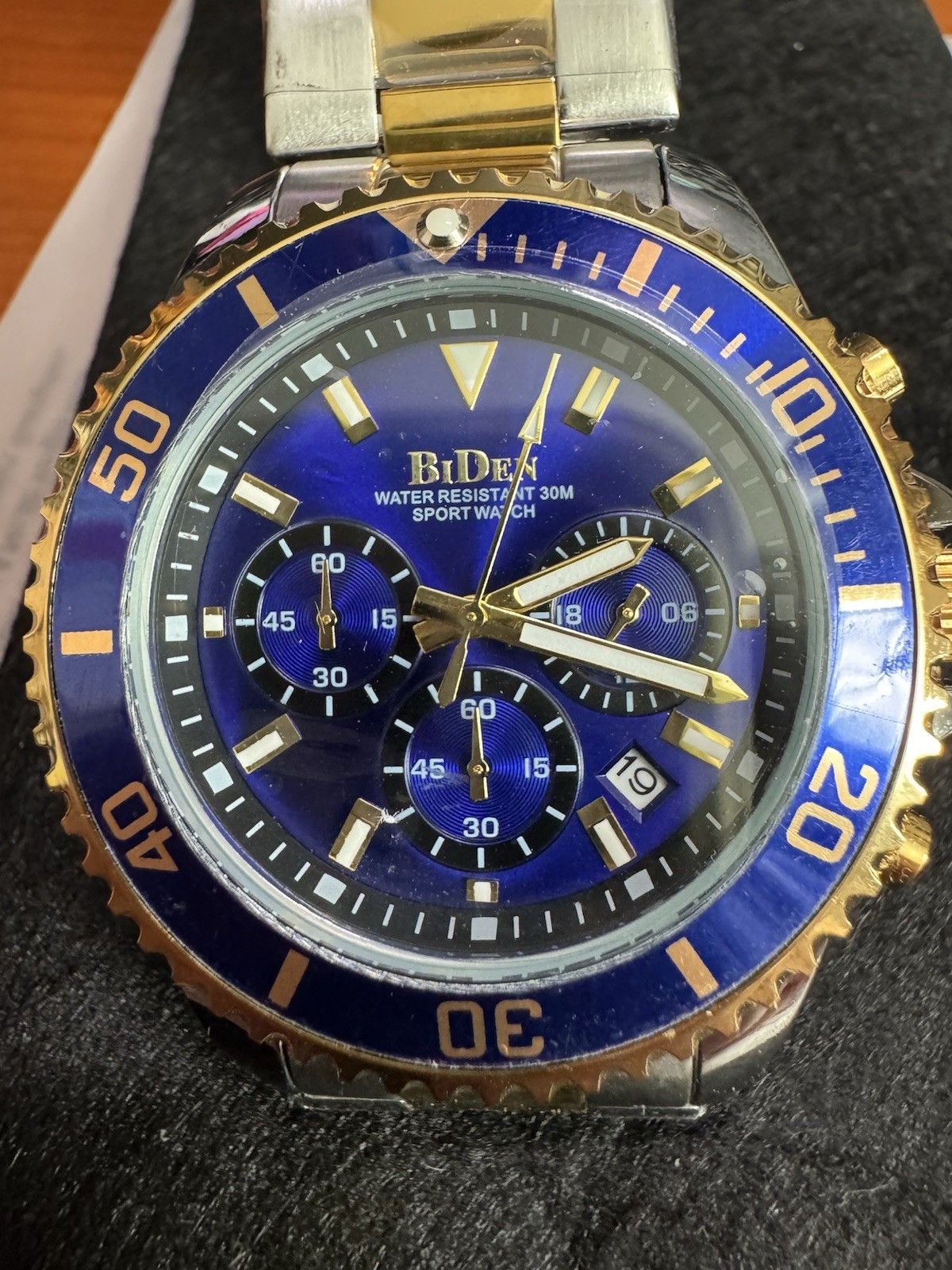 Biden Quartz 3ATM, Stainless Steel, No. 0163, Chronograph, Blue, Two Tone Watch