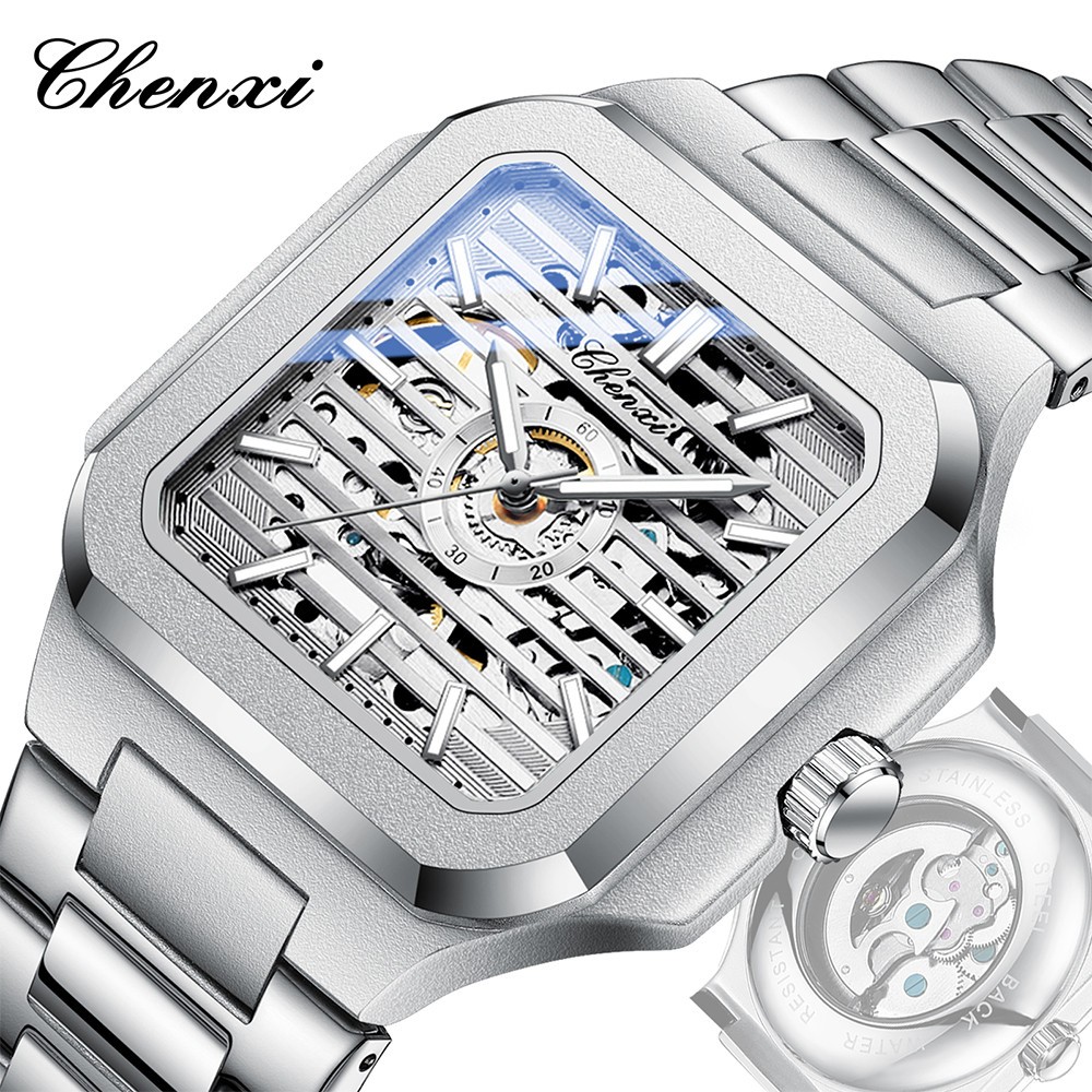 CHENXI Men Mechanical Wristwatch Square Hollow Automatic Watch Male Steel Watch