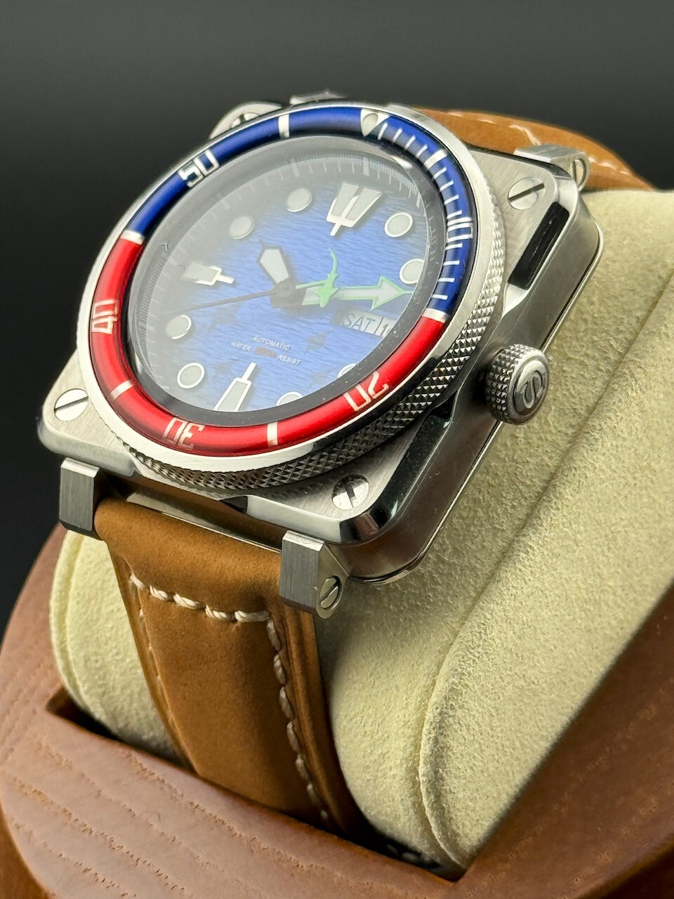 42mm Bespoke Square Diver Red/Blue Bezel – Made in US – NO TARIFF