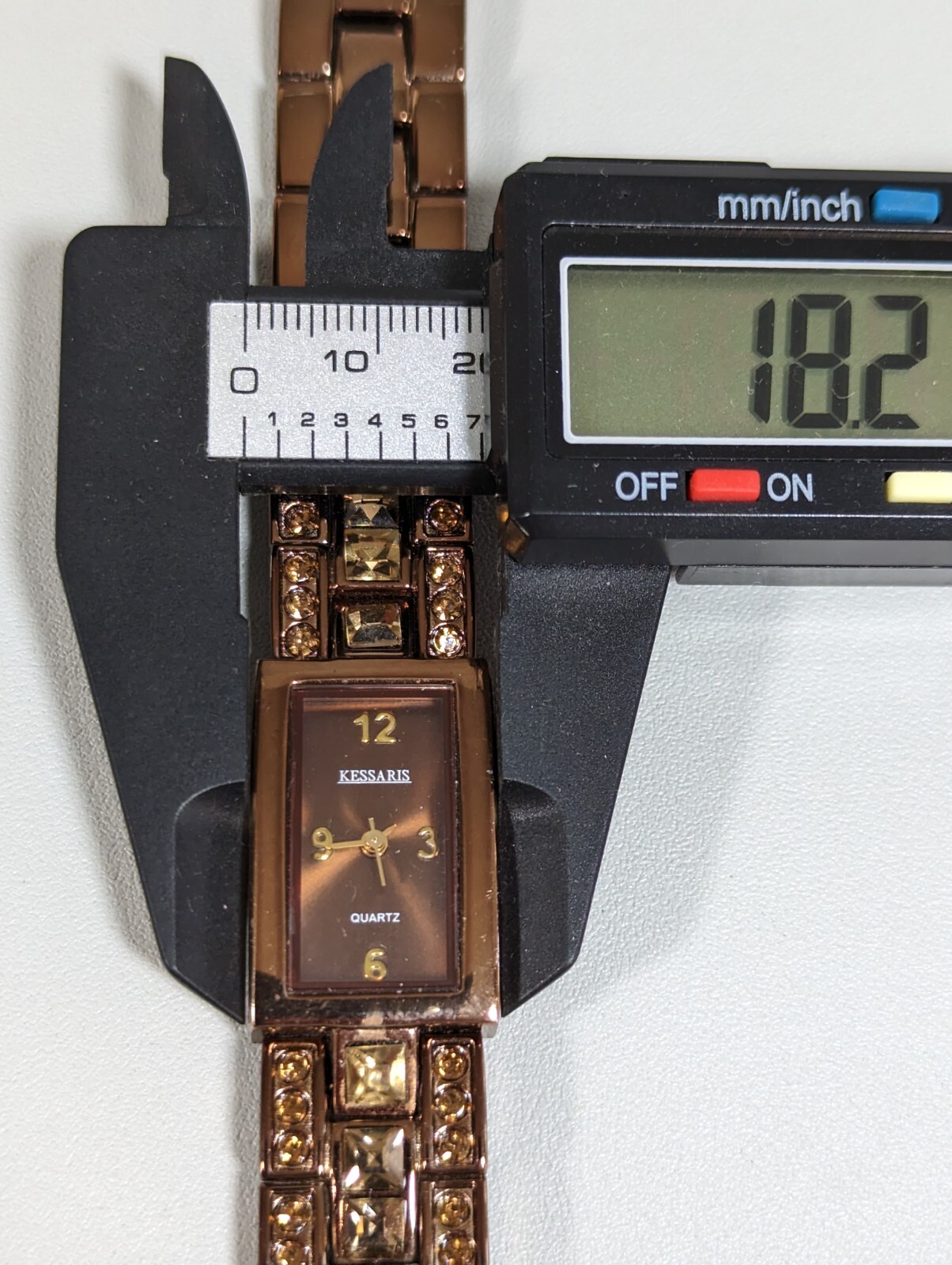Kessaris Brown Dial Rectangle Case Link Crystal Accent Bracelet Band Watch 8 In