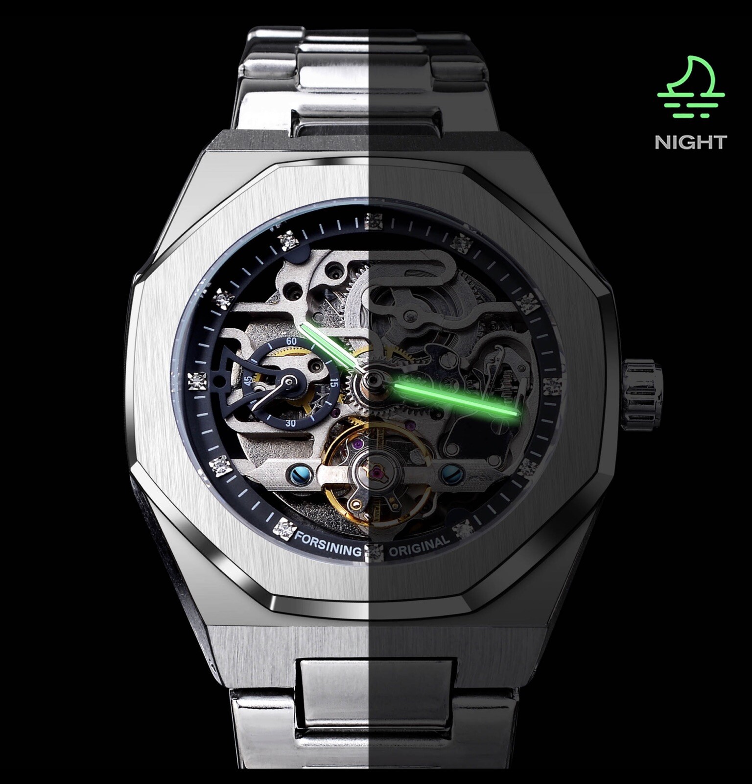 Men’s Skeleton Mechanical Luminous Luxury Waterproof Octagon Shape Watch