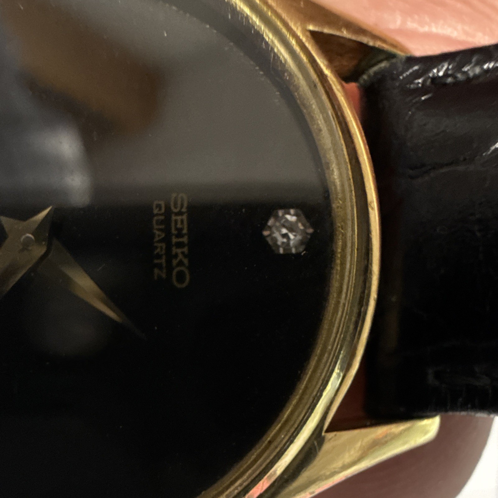 Seiko Quartz Vintage Dress Watch Black Dial Gold Case Black Leather Strap 26mm