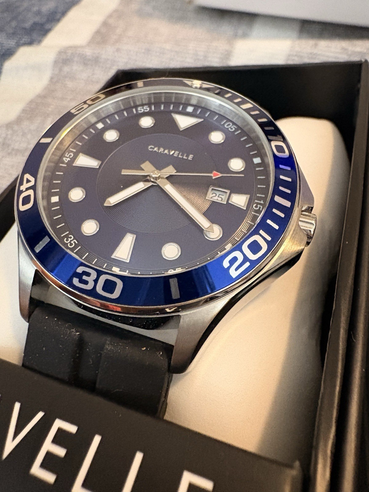 Brand New Men’s Bulova Caravelle Blue Dial, Black Band, 43B155 – No Batery F Shi
