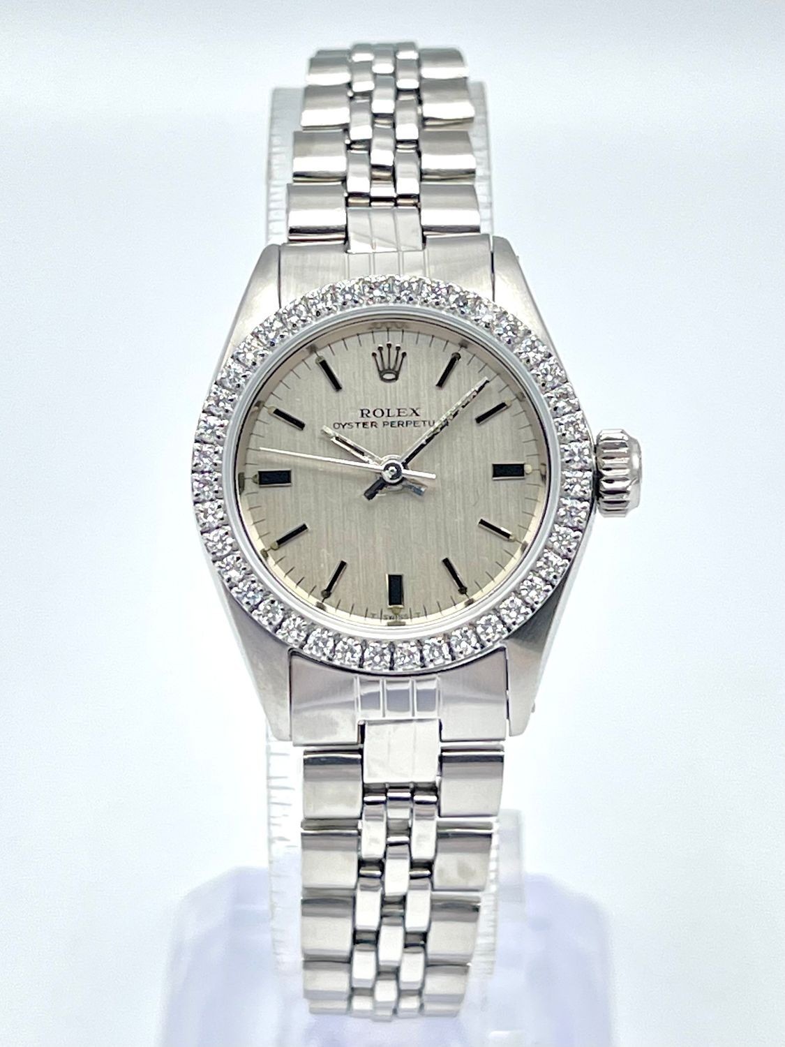 Rolex Oyster Perpetual 24mm 6619 Silver Baton Dial Diamond Bezel Jubilee Box
