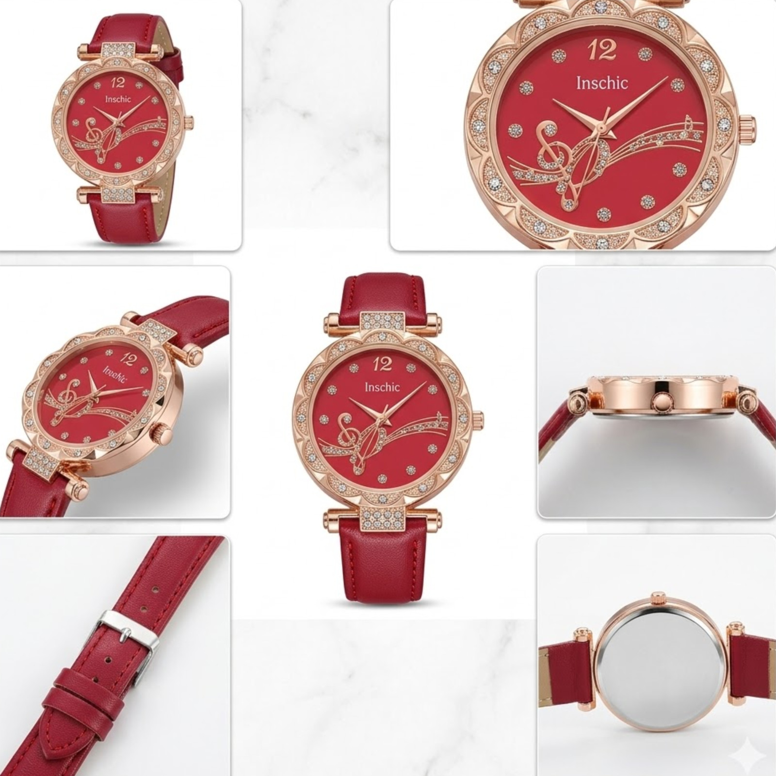 Women’s Red Leather Strap Quartz Watch Round Dial Casual Fashion Used Working