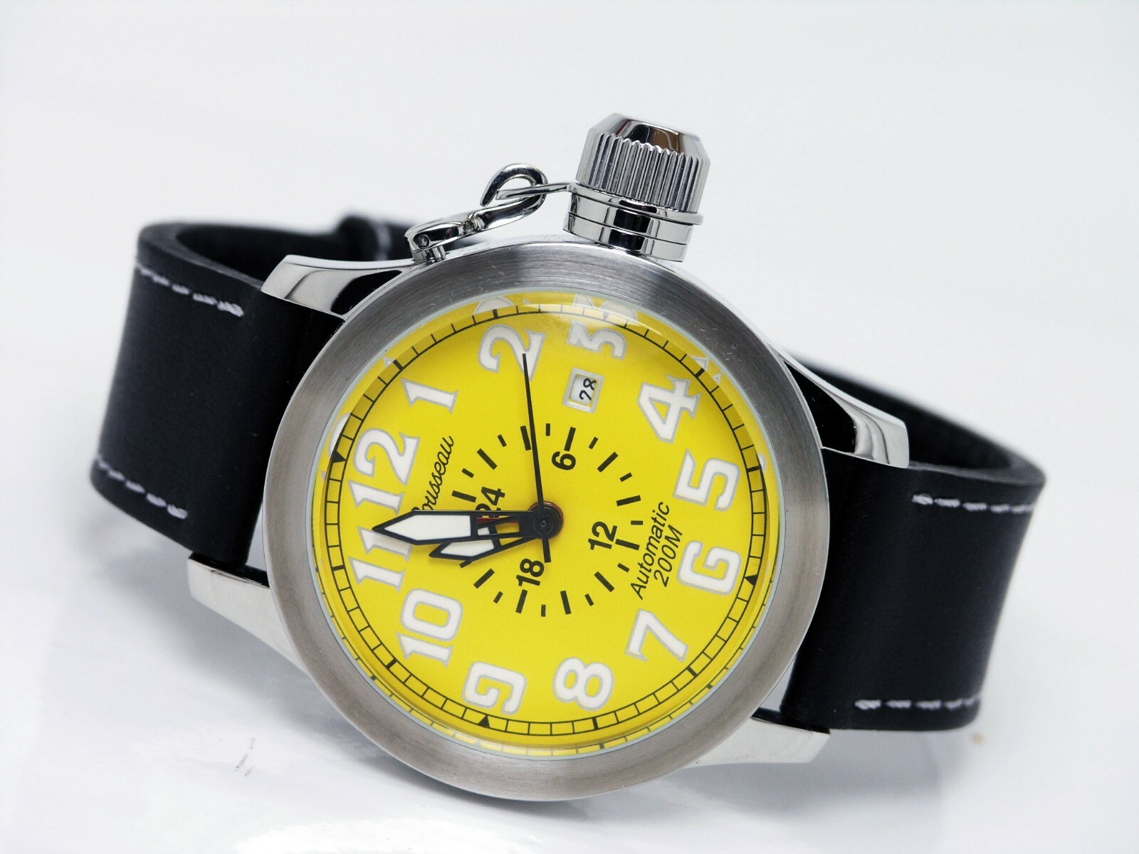 NEW ROUSSEAU AUTOMATIC CANTEEN STYLE YELLOW DIAL WATCH LARGO STEEL LEATHER