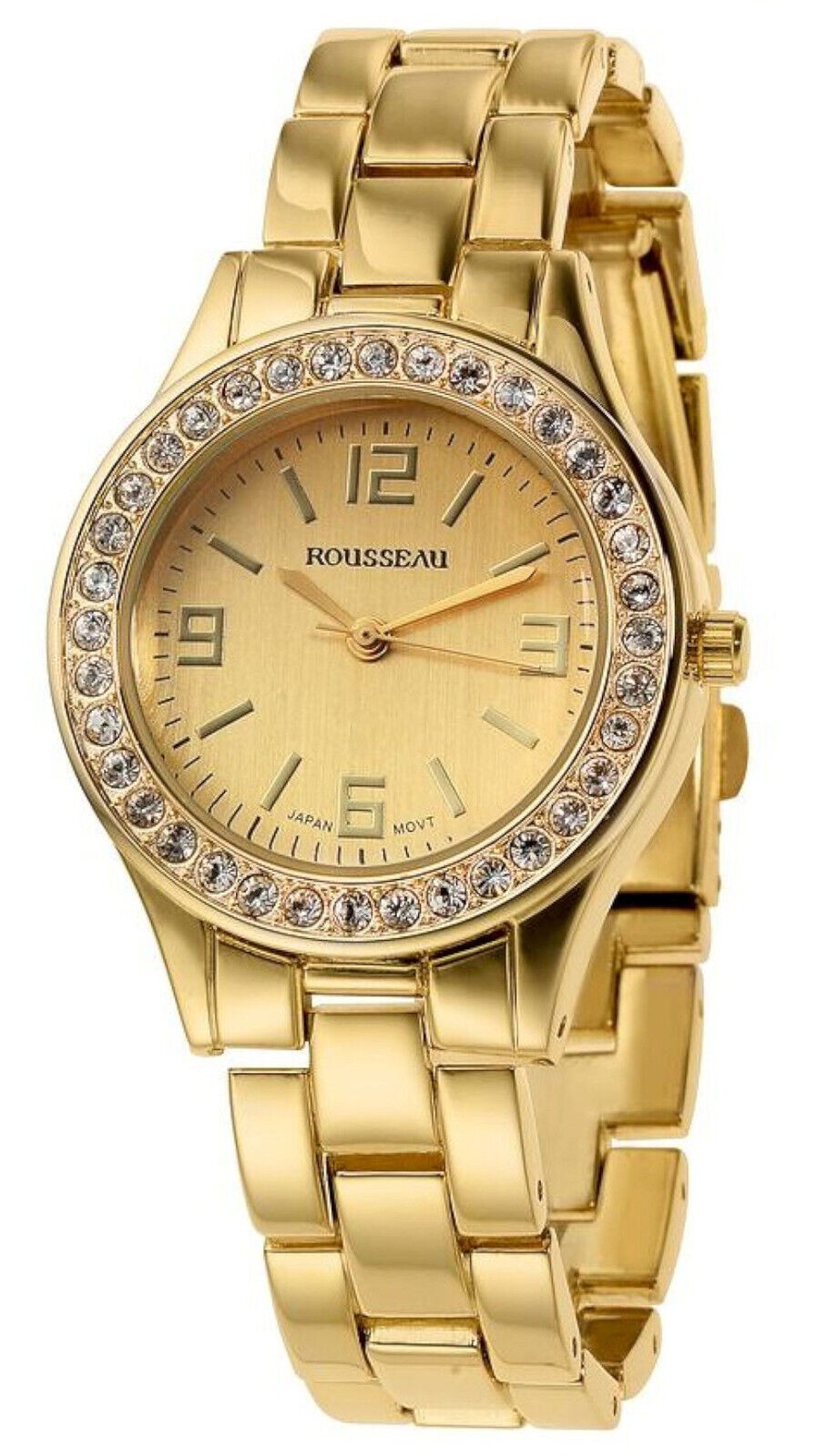NEW Rousseau 9056 Rene Swarovski Bezel Yellow Gold Tone Bracelet Watch