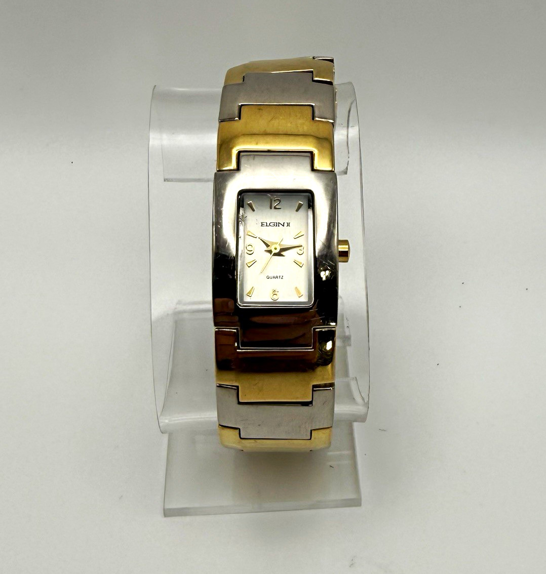 Elgin Womens Elgin II Quartz Rectangle Two-Tone Bracelet Silver Dial Watch