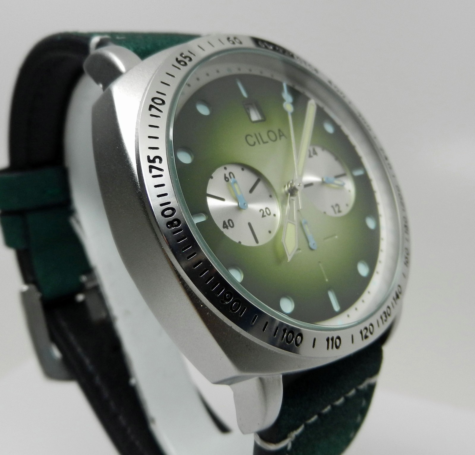 Men’s 45mm Green Chronograph Date Dial Hull Style Stainless W/ Leather Watch
