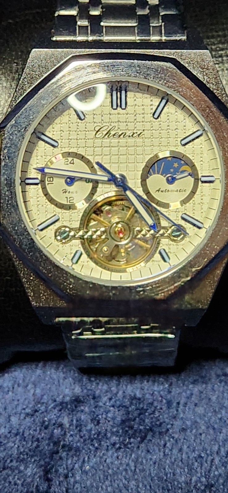 Chenxi Men’s Automatic Mechanical Octagon Watch Silver/Blue Dial Metal Bracelet