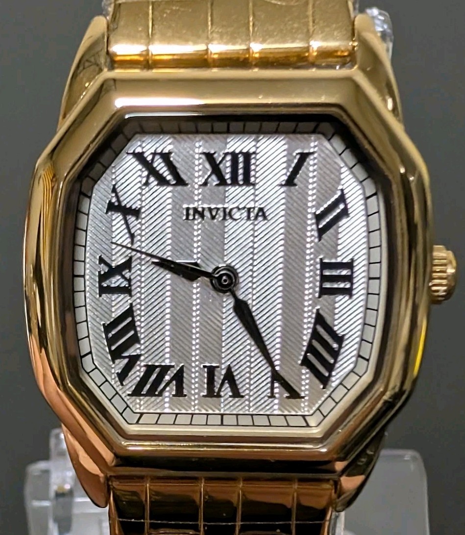Invicta Women’s Gold Tone Tonneau Watch – Silver Textured Roman Dial w/ Box