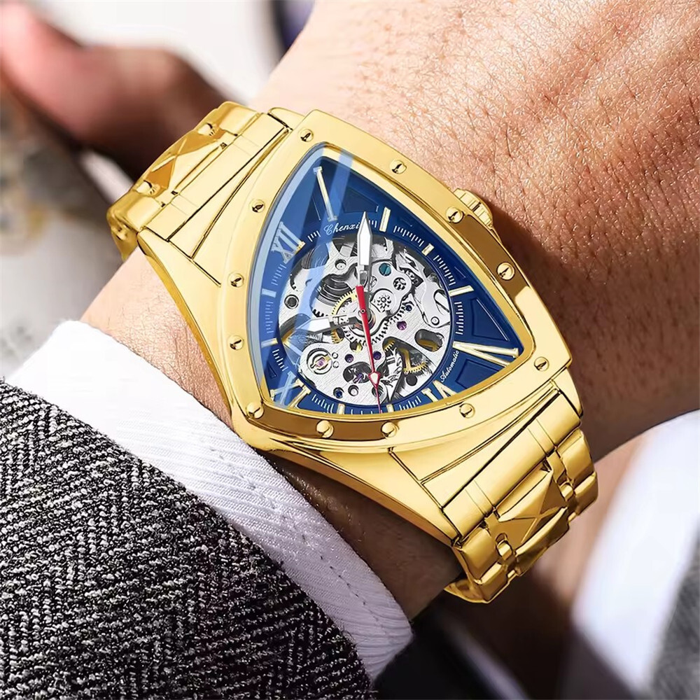 CHENXI Men Automatic Watch Triangle Leather Mechanical Watch for Male Wristwatch