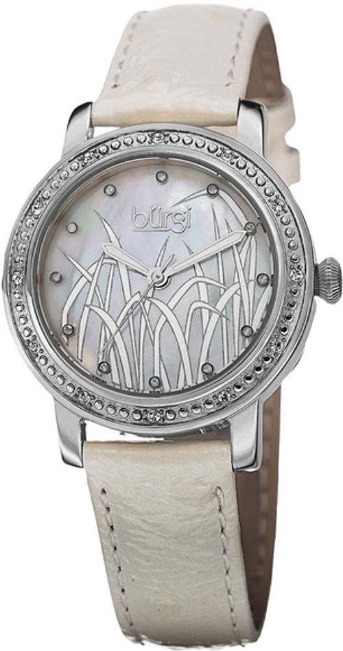 Burgi BUR096SSW Grass Pattern MOP Dial Diamond Markers White Strap Womes Watch