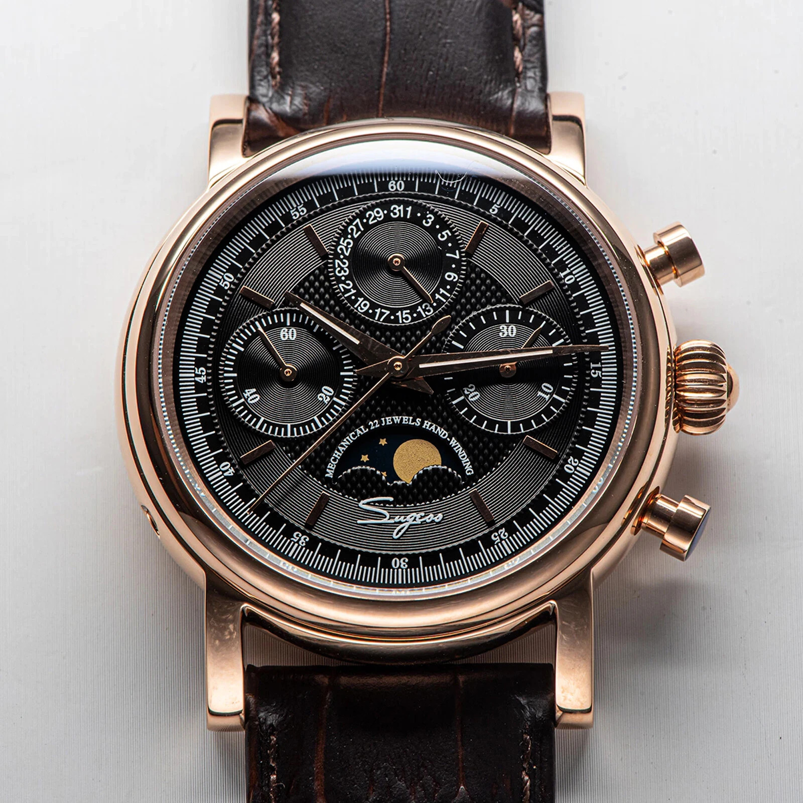 Seagull 1963 Sugess MoonPhase Master Chronograph Mechanical Mens Watch Brown