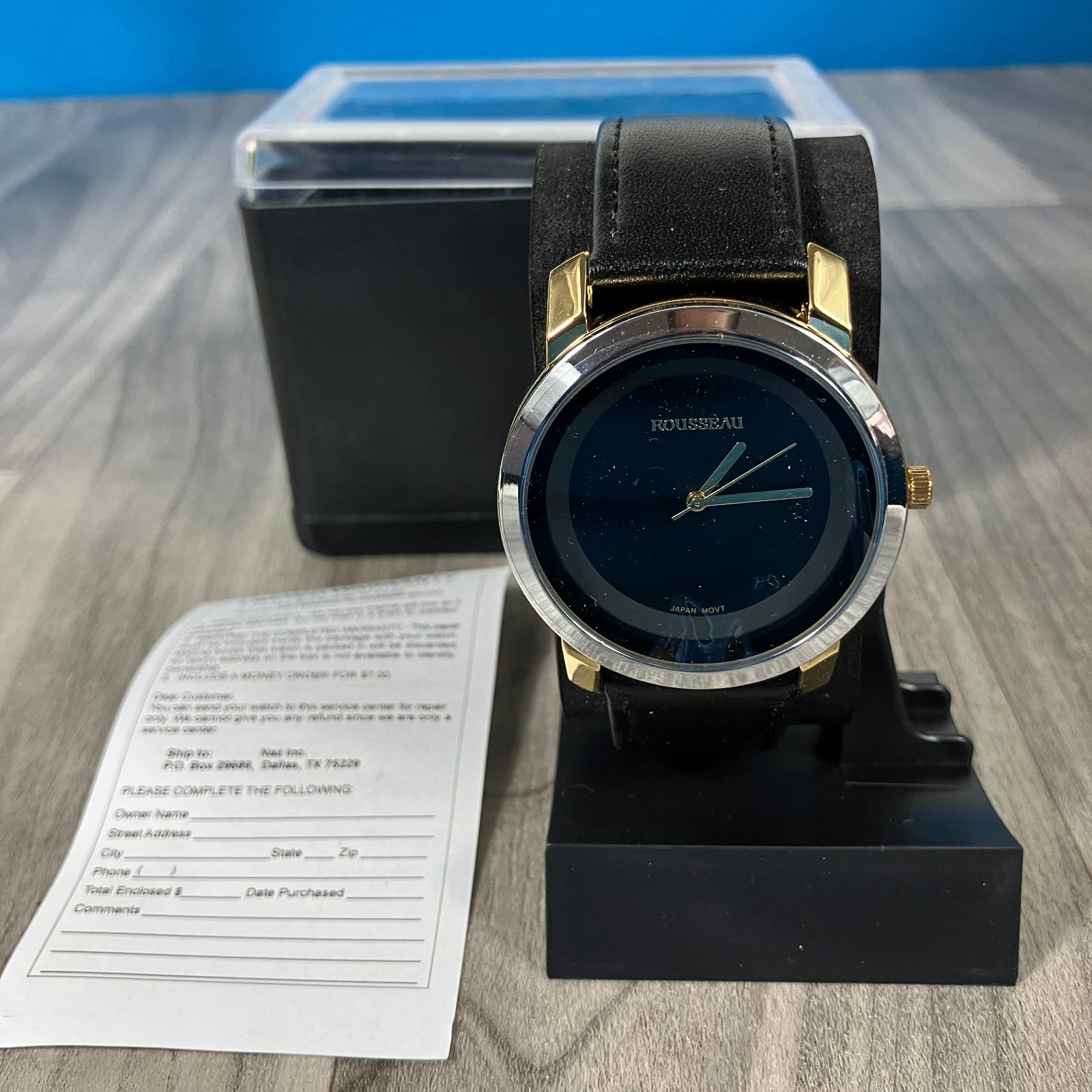 Rousseau Mens Quartz Watch Black Leather Strap New With Box