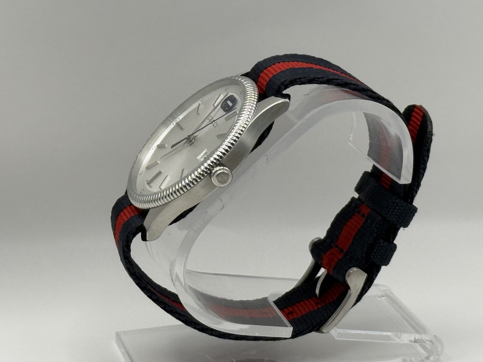 Gucci G-Timeless Silver Dial Blue and Red Nylon Strap Watch 38mm YA1264237