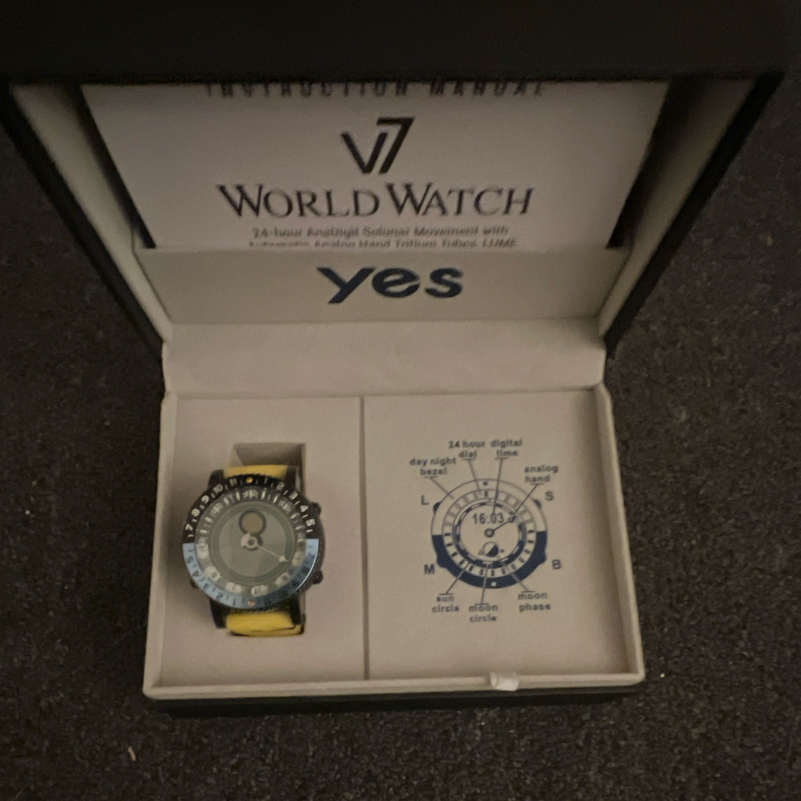 Yes World Watch Analog/Digital Quartz Moon Phase 24-Hour Yellow Rubber Band