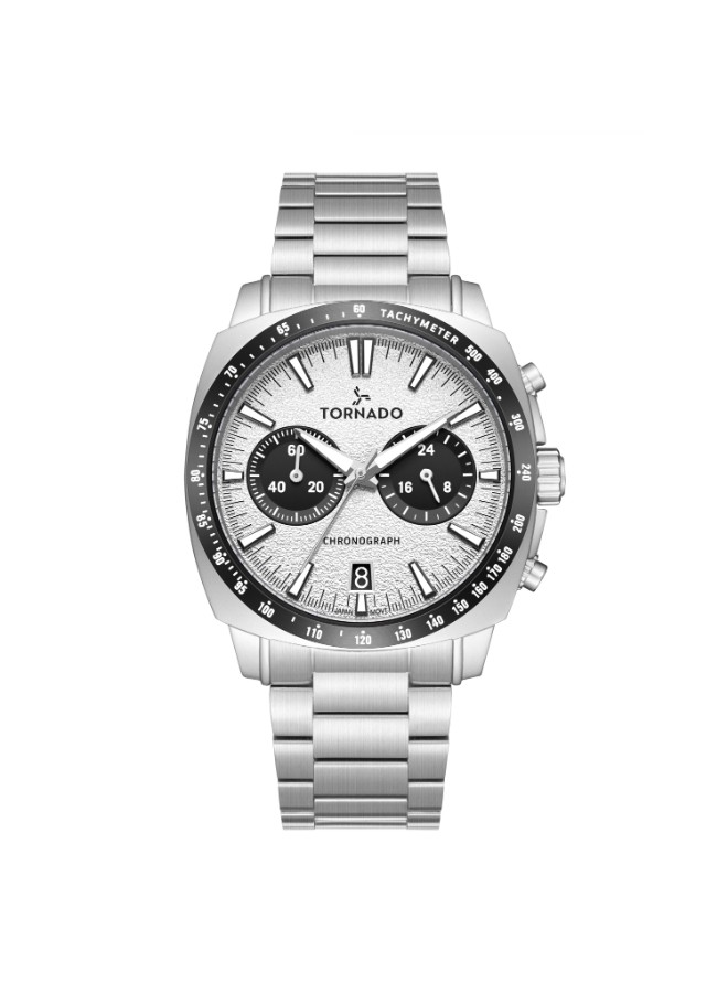 Tornado Men’s Chronograph Watch | White Dial, Silver Band, 42mm, 100 m (10 ATM)