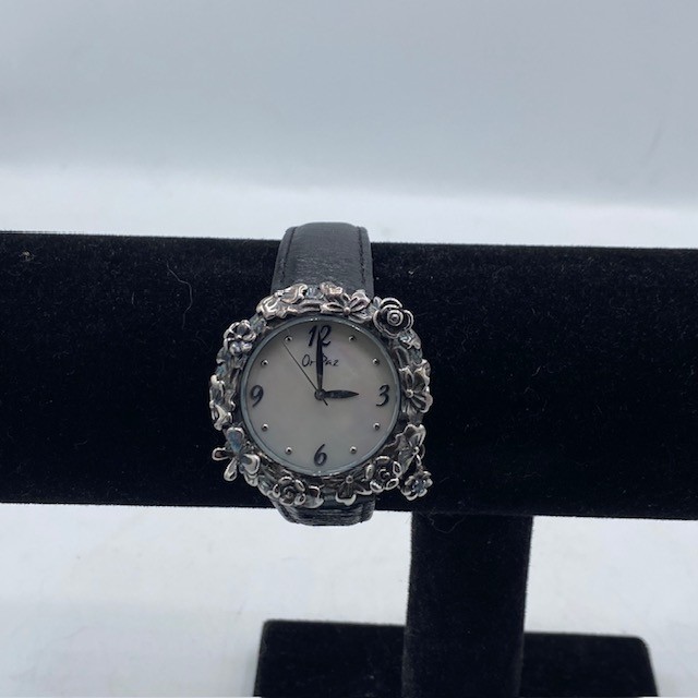 Or Paz Stainless Steel Mother of Pearl Dial Garden Charm Leather Strap Watch