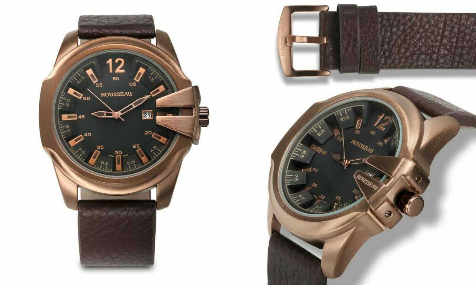 NEW Rousseau 9900 Men’s Tillman Series 3D Design Gray Dial Brown Leather Watch