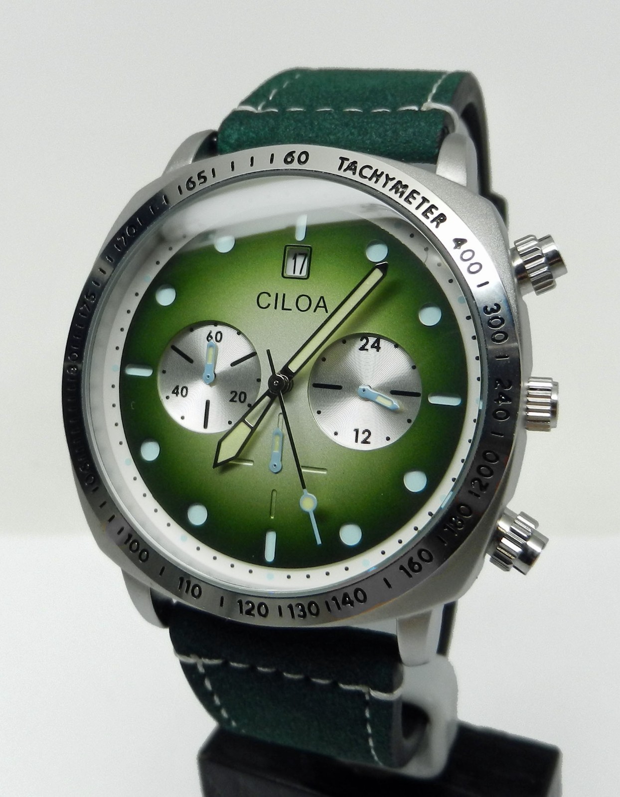 Men’s 45mm Green Chronograph Date Dial Hull Style Stainless W/ Leather Watch