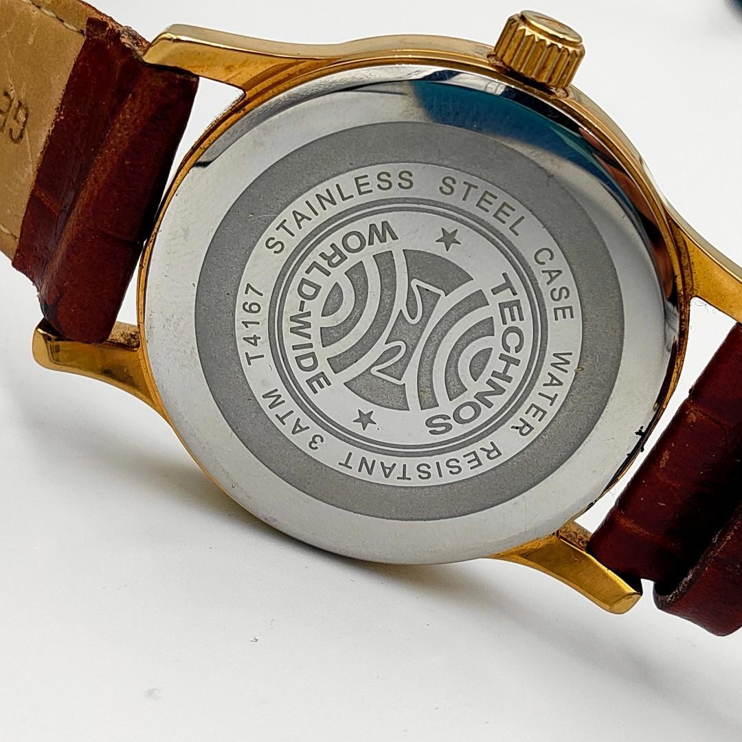 USED TECHNOS T4167 Gold-Tone Date Leather Band Quartz Watch