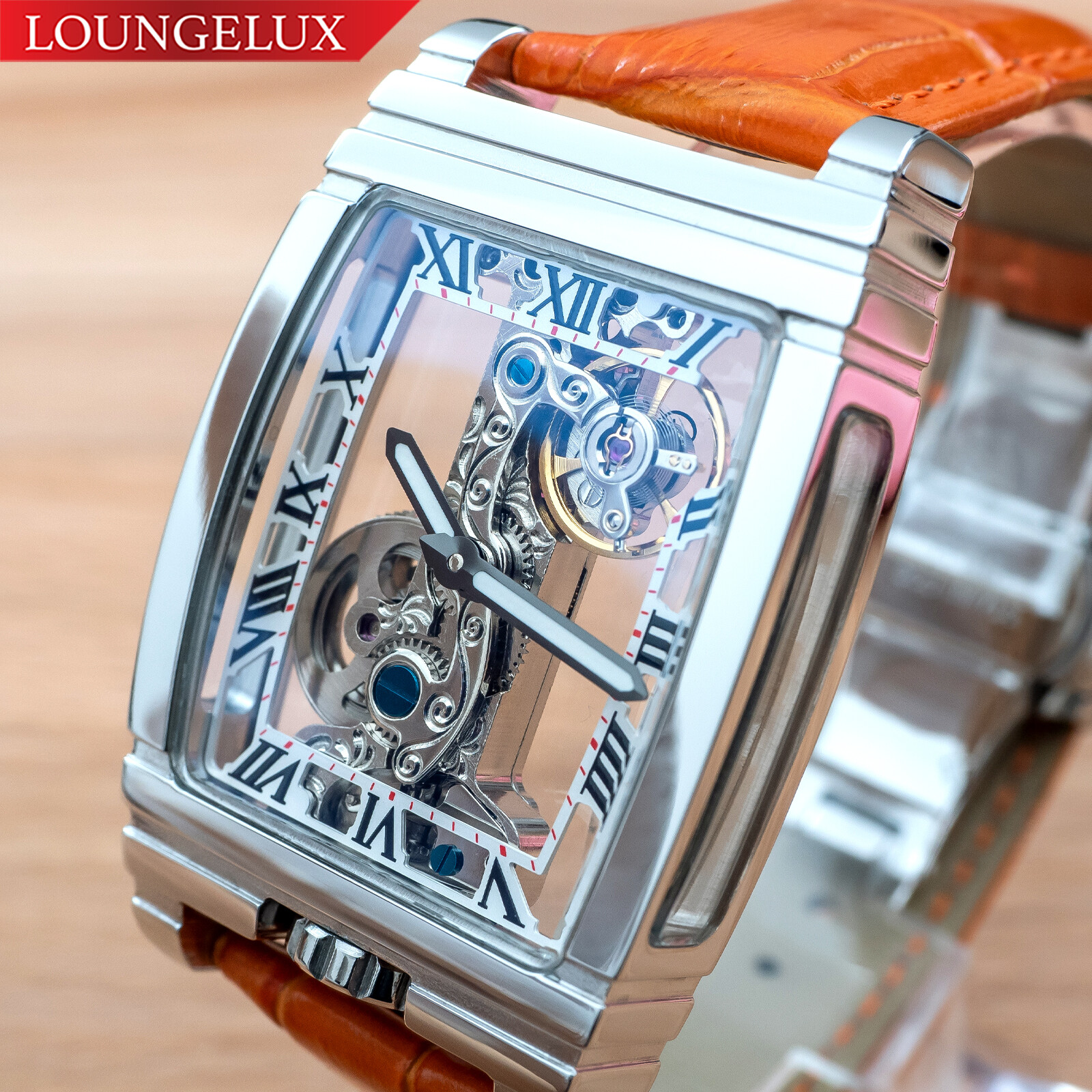 Mens Luxury Silver Bridge Manual Mechanical Watch – Orange Leather Strap