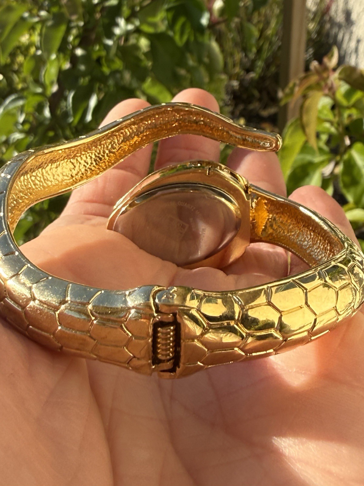 Fabulous Snake Quartz Watch Hinged Bangle Bracelet Goldtone Emerald Eyes Runs!