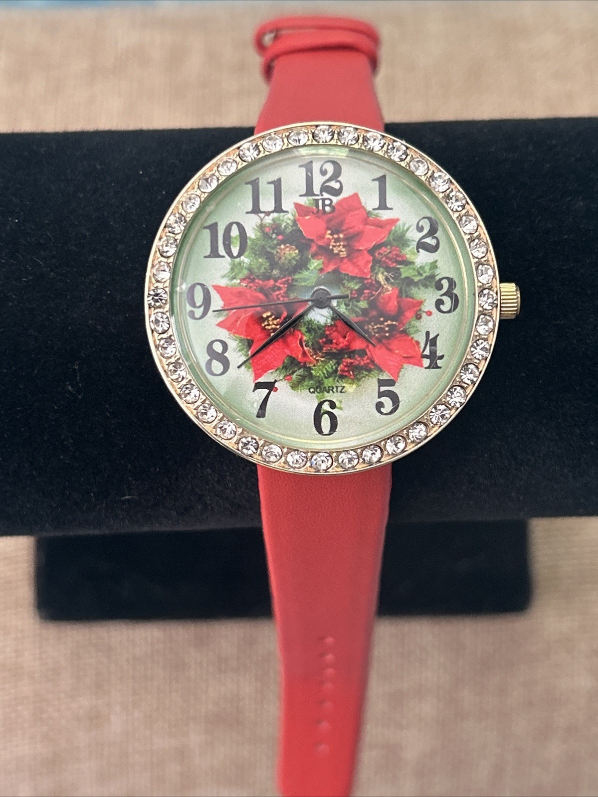 Vintage JENNIE B Watch RHINESTONE BEZEL Red Leather Band Festive Holiday JB VTG