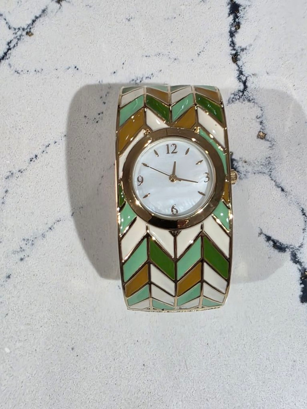 Women’s Unbranded Green Gold White Chevron Bangle Watch One Size