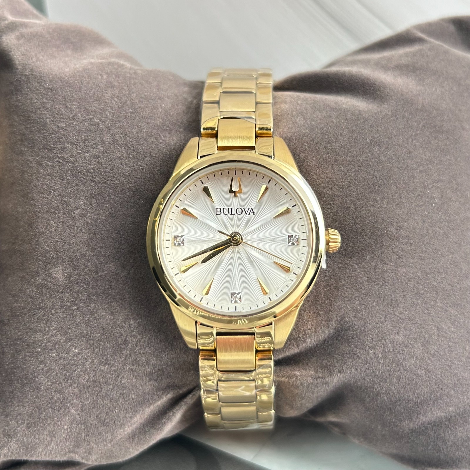 Bulova Sutton 97P150 Women’s White Diamond Dial Gold Strap Quartz Watch 28mm