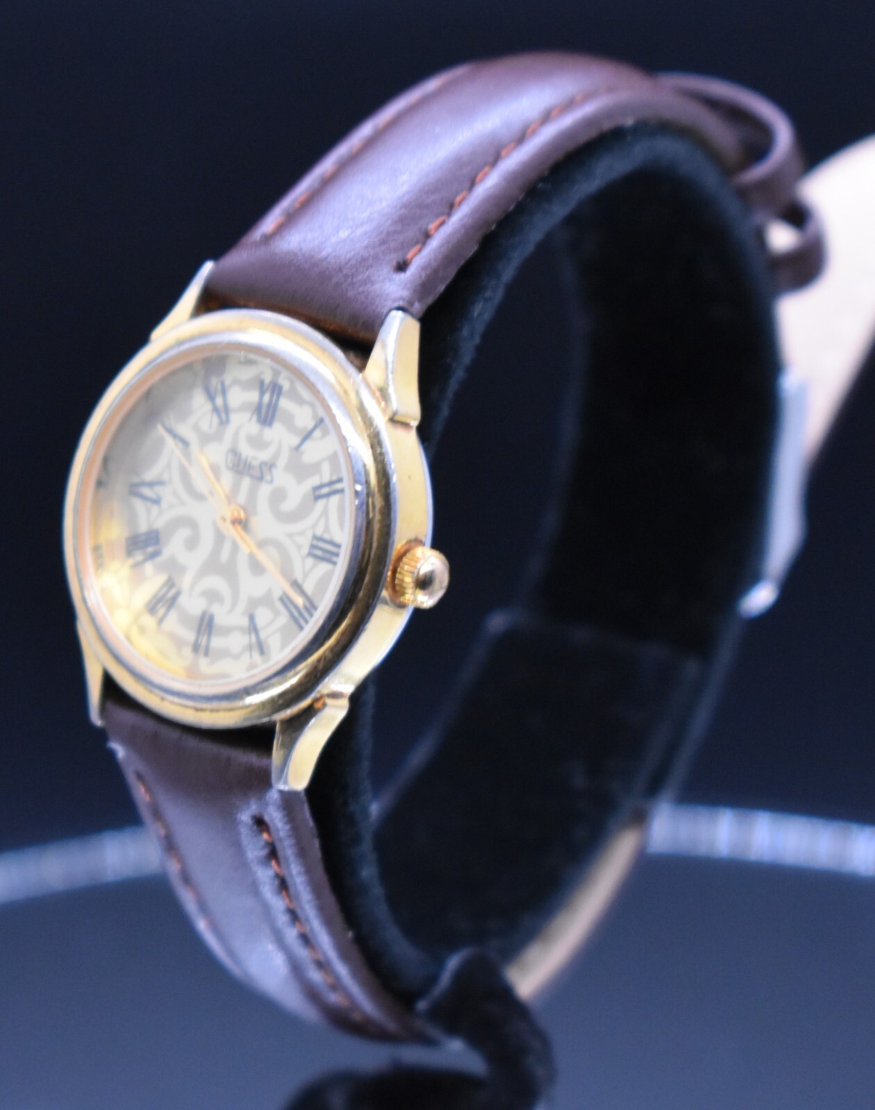 Vtg GUESS 1989 Women’s Watch Gold Tone Geometric Dial Leather NEW BATTERY & BAND