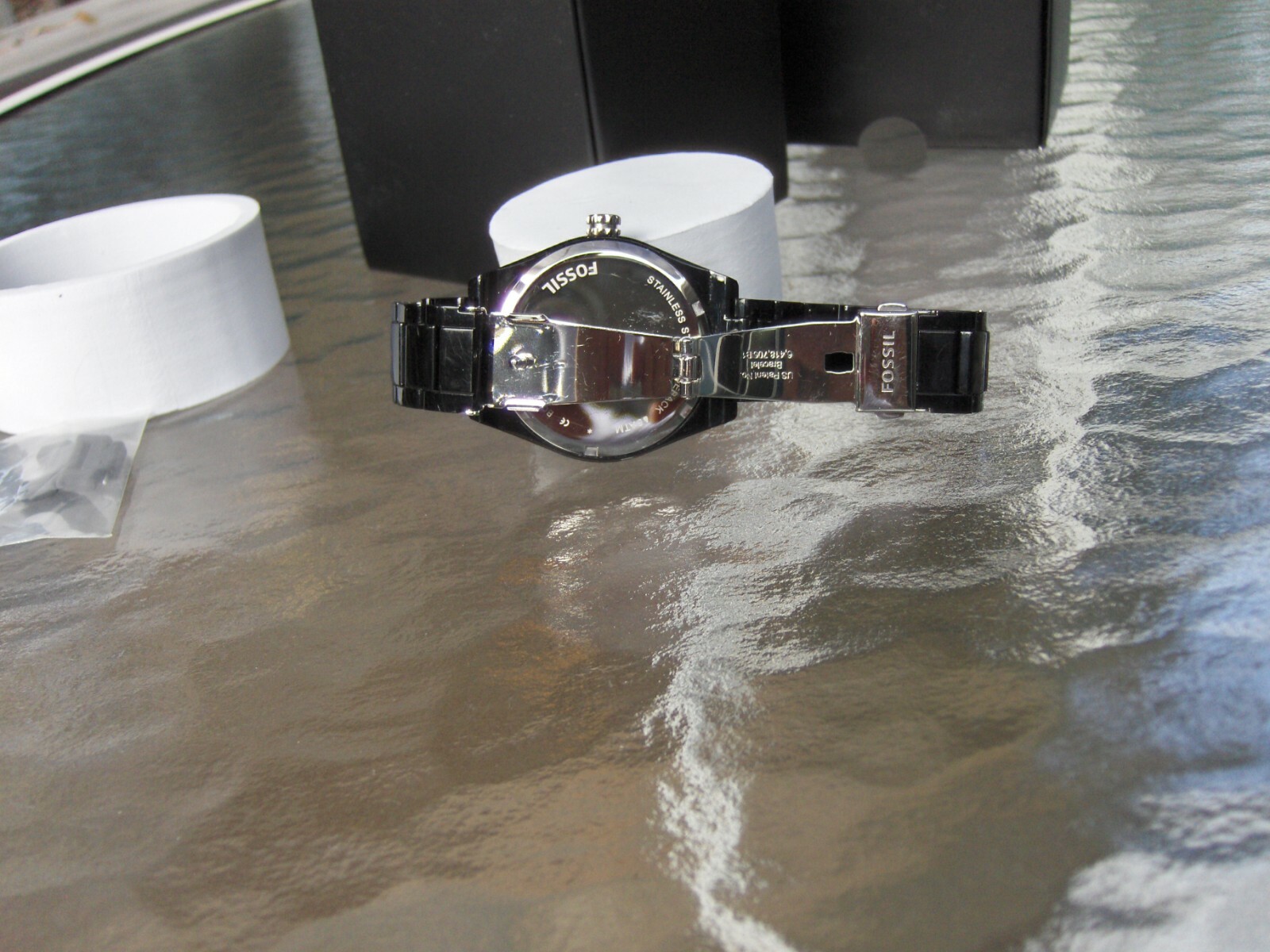 FOSSIL BQ1192 CARISSA BLACK PLASTIC RESIN BRACELET SWAROVSKI CRYSTAL BAGUETTES