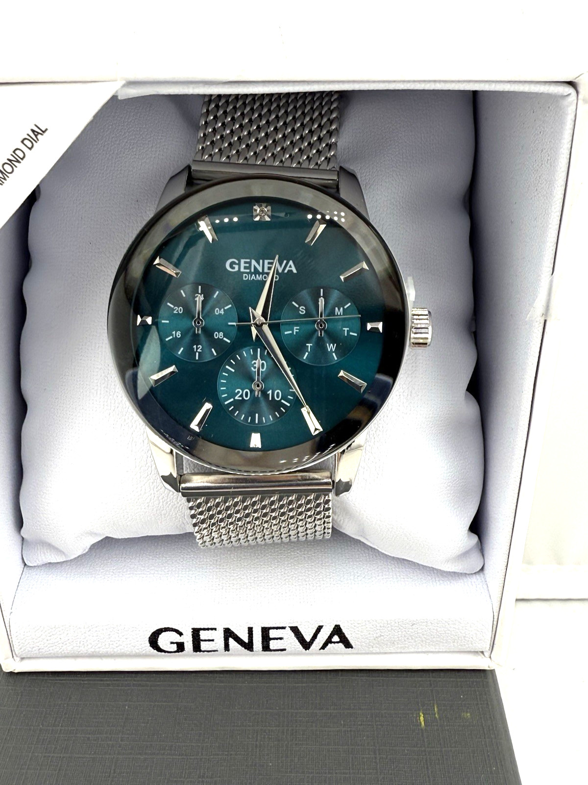 Geneva 42 Mm Silver Tone Diamond Accent Mesh Watch, Men’s, Teal Dial face- New!