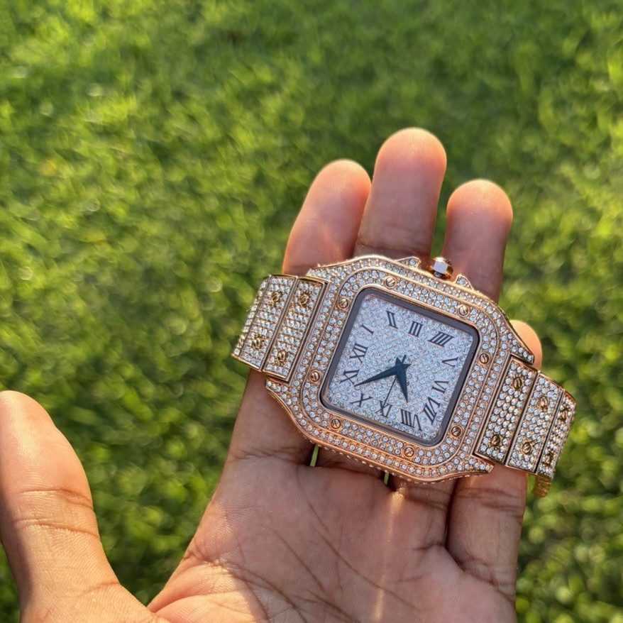 Men’s Square Analog Quartz Wristwatch Rose Gold Metal Bracelet White Dial