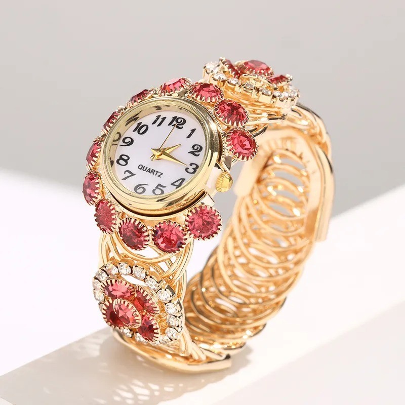 Women’s Rose Red Crystal Bangle Watch Quartz Rhinestone Cuff Bracelet Watch