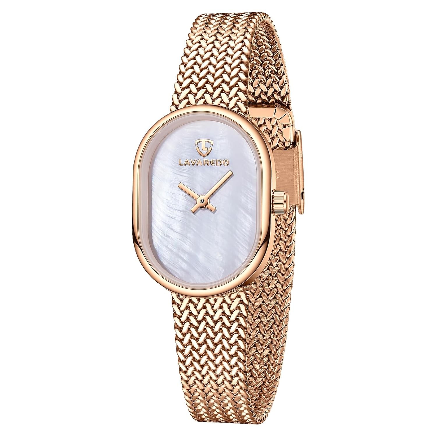 Dainty Gold Watches for Women with Mesh Steel Bracelet, Mother of Pearl Oval Dia