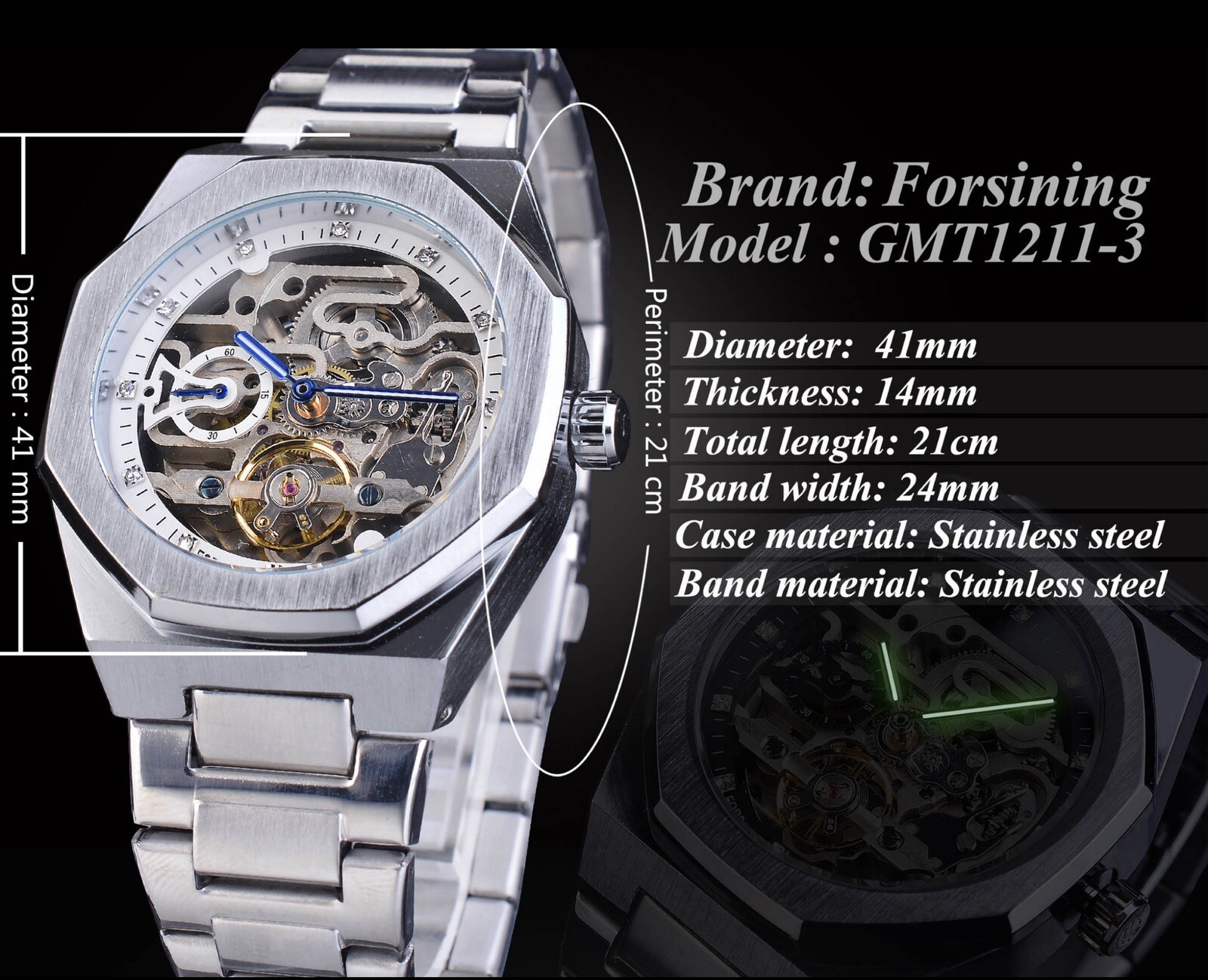 Men’s Skeleton Mechanical Luminous Luxury Waterproof Octagon Shape Watch