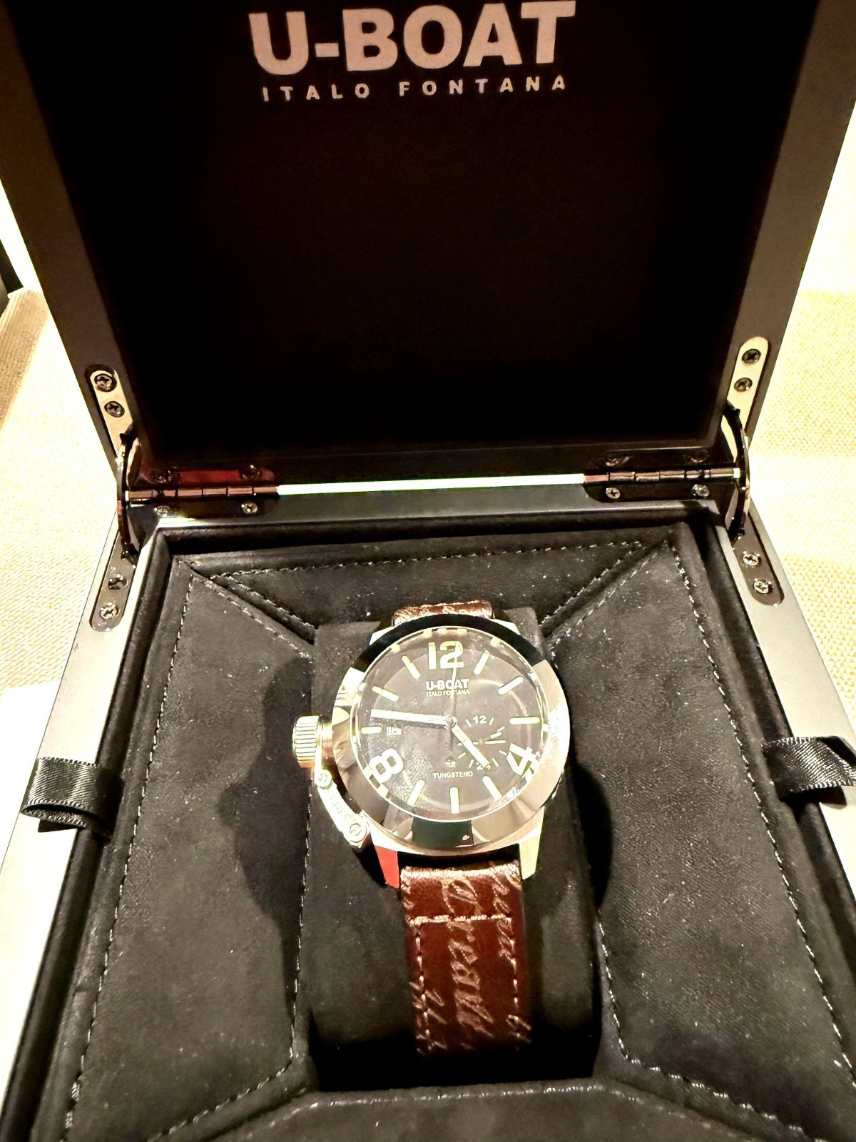 U-Boat Classico 42mm Tungsteno Black Automatic Watch 8893 — Brown Leather Strap