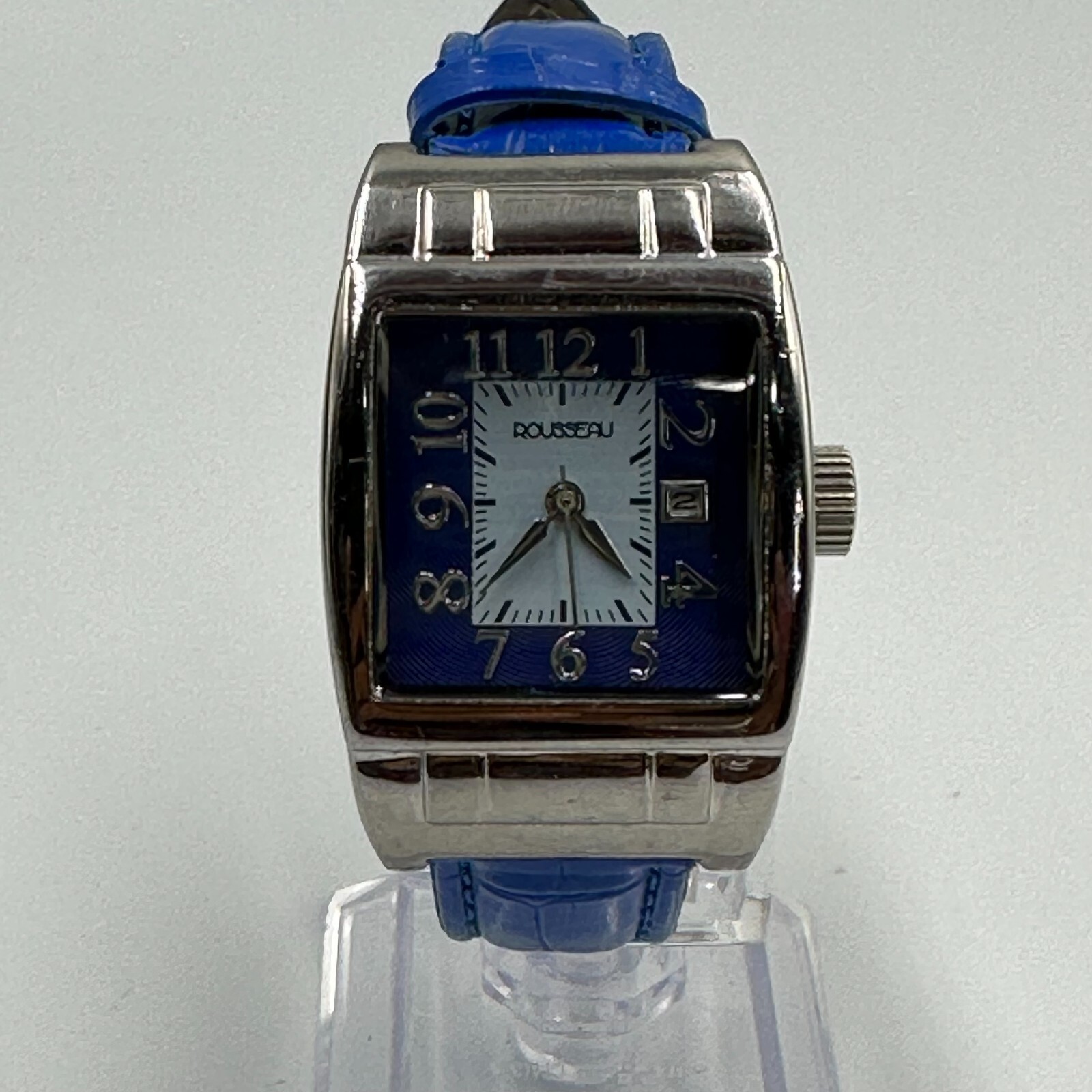 Rousseau Watch Women Silver Tone Square Dial Blue Leather Band New Battery 9″