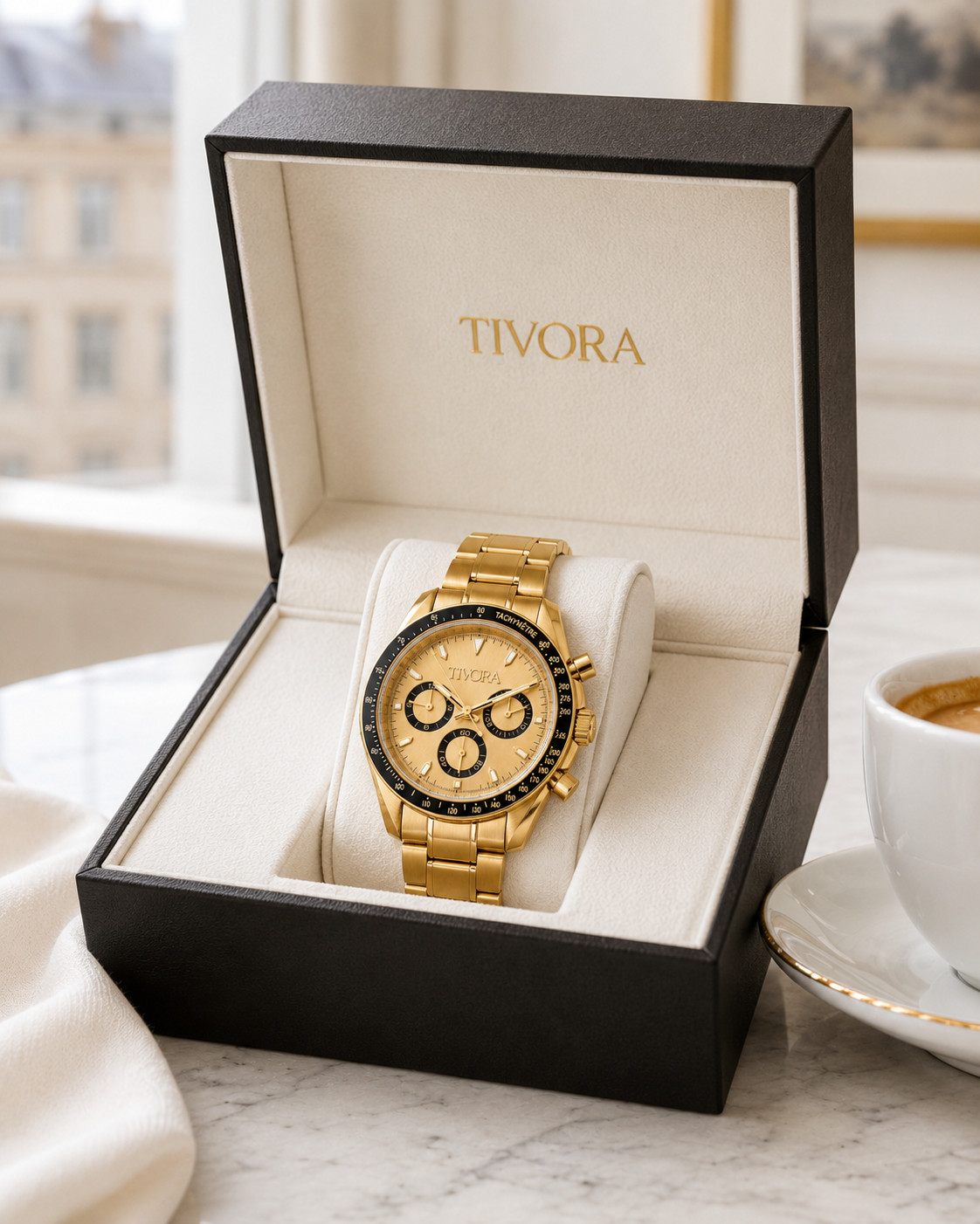 TÍVORÁ Veyron Aurelius Steel Onyx Dial – Custom Branded Automatic Chronograph Wa