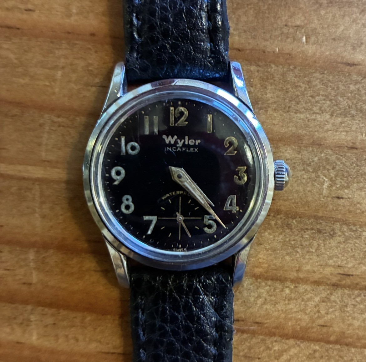 WYLER INCAFLEX VINTAGE ALL SS WP 17J MOD WG23 ETA 1261 MAN WIND GREAT BLACK DIAL